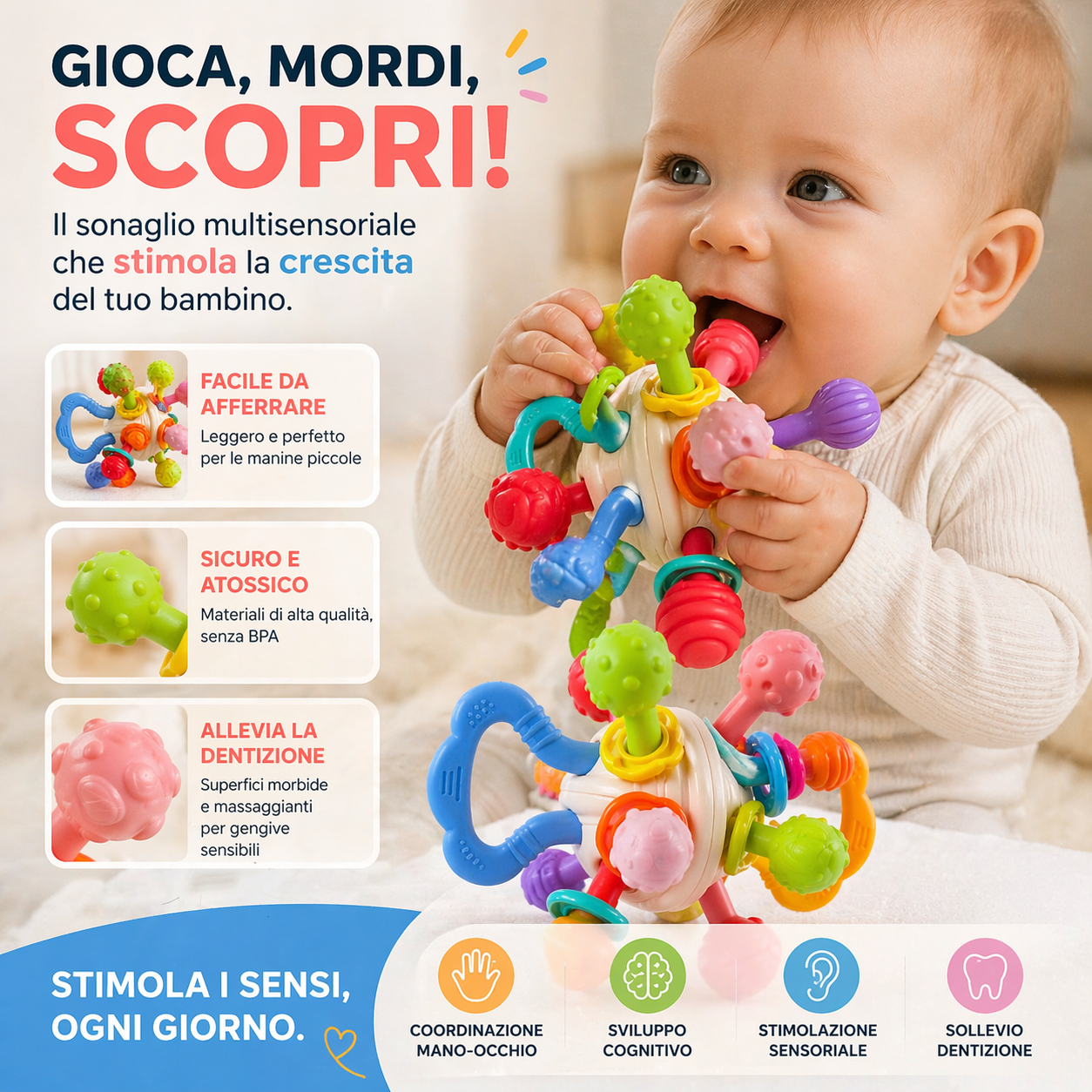 Baby Montessori™ - Sonaglio Sensoriale per Neonati (0+ Mesi)